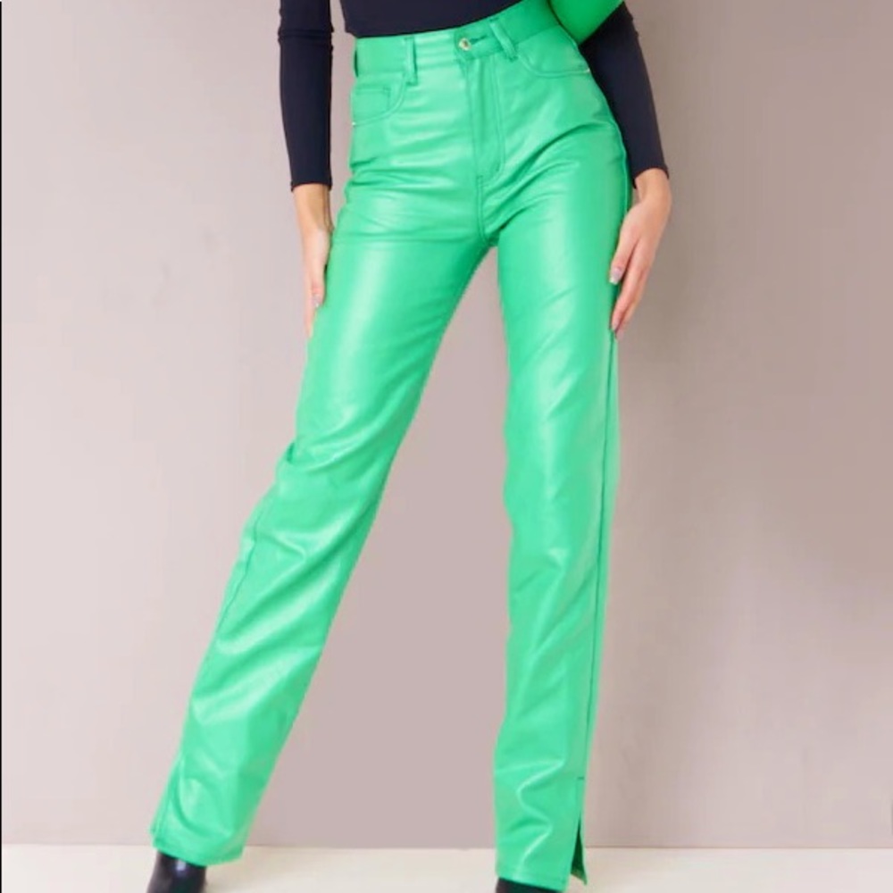 Tall Green Split Hem Coated Jeans, size 4 US.